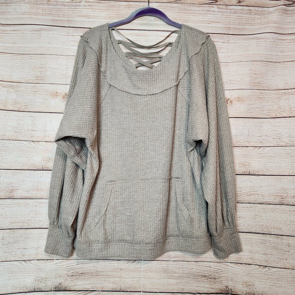BKE Waffle Knit Long Sleeve Round Neck Brownish Gray Blouse Cross Back Size M